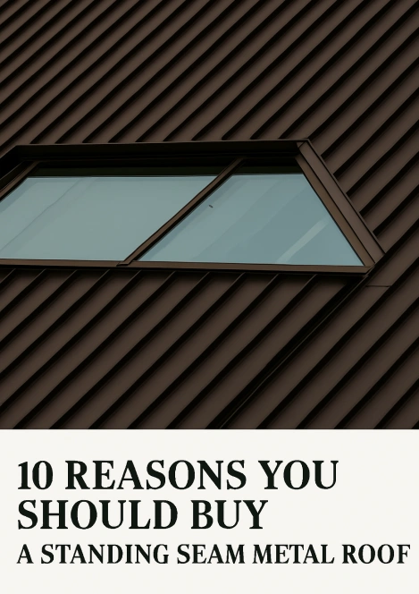 Close-up of a standing seam metal roof with a modern skylight, showcasing sleek design and durability.