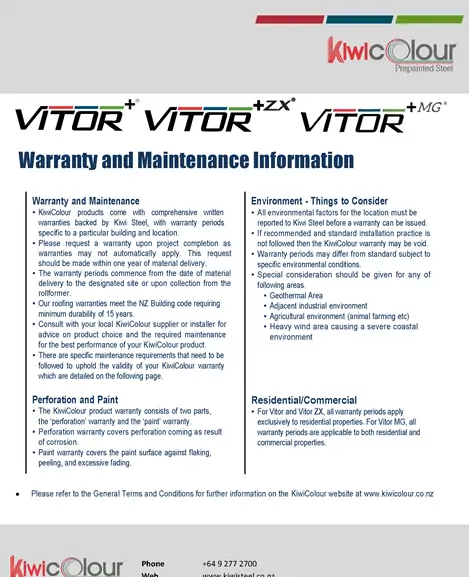Cover page of KiwiColour Warranty and Maintenance Guide, detailing warranty terms for pre-painted steel.