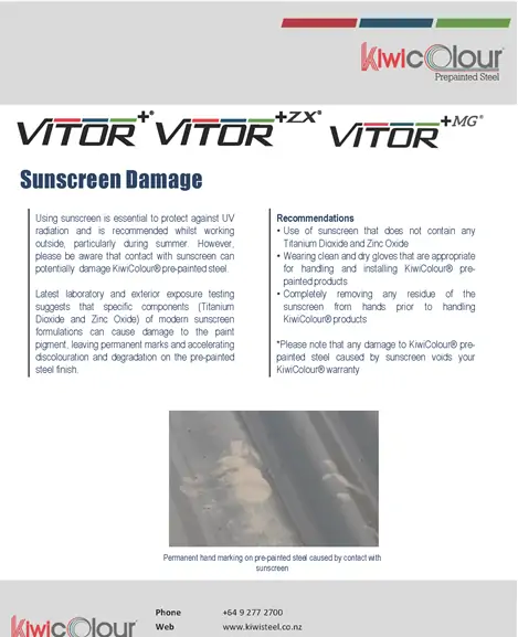 Cover page of KiwiColour Sunscreen Damage Guide showing recommendations for avoiding damage to pre-painted steel.