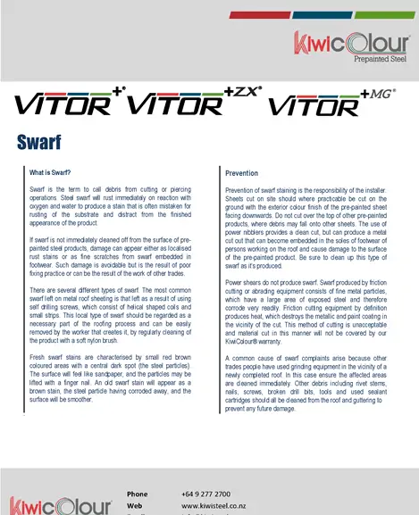 Cover page of KiwiColour Swarf Management Guide highlighting prevention and removal of swarf stains.