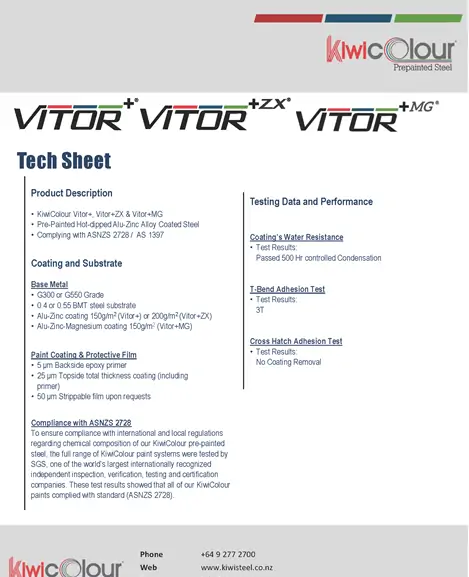 Cover page of KiwiColour Pre-Painted Steel Technical Sheet with product specifications and testing data.