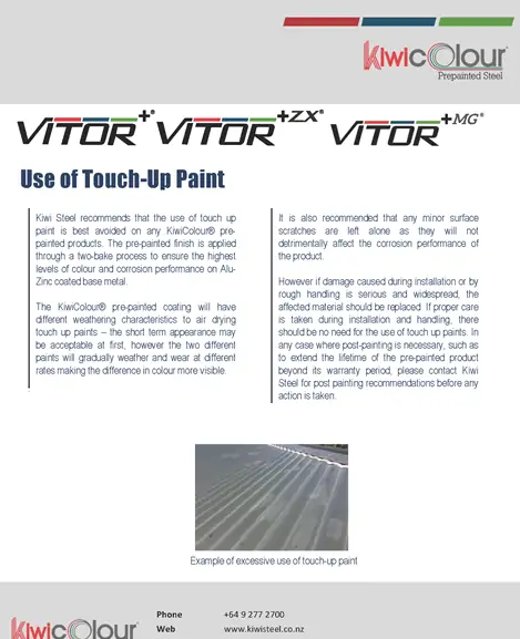 Cover page of the KiwiColour Use of Touch-Up Paint Guide showing recommendations for touch-up applications on pre-painted steel.