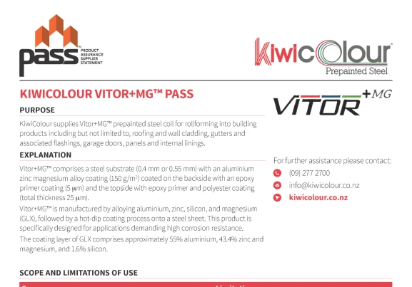 Cover page of the KiwiColour Vitor+ MG™ Prepainted Steel Coil PASS™ certification document.